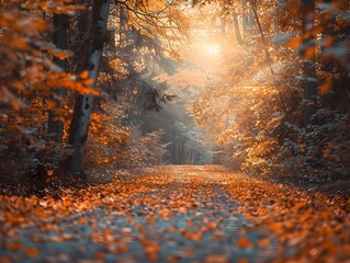 Poster - Enchanting Autumn Forest Path With Warm Sunlight Filtering Through Trees