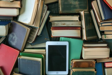 Leinwandbilder - A tablet rests amongst a stack of traditional books, representing the shift towards digital learning and e-books. Generative AI