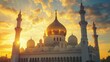 © Lucija - majestic mosque at sunset grand islamic architecture with golden domes and minarets reflecting warm light intricate geometric patterns and calligraphy visible in the facade