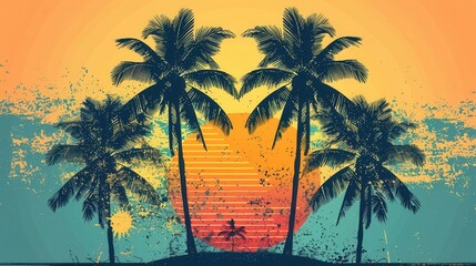 Poster - A vibrant and simple illustration of palm trees silhouetted against a setting sun and beach. Perfect for travel agencies and resorts. Generative AI