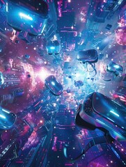 Poster - A vibrant, futuristic cityscape with VR headsets and AR glasses floating through the air, showcasing the immersive potential of these technologies. Generative AI