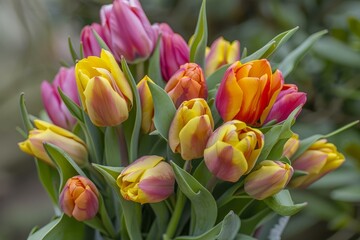 Wall Mural - Beautiful bouquet of yellow, orange and pink tulips blooming in spring garden