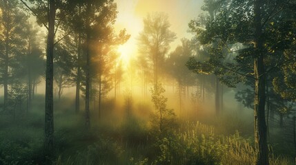 Aufkleber - A serene forest landscape at dawn, with golden sunbeams illuminating the trees through a light mist. Generative AI