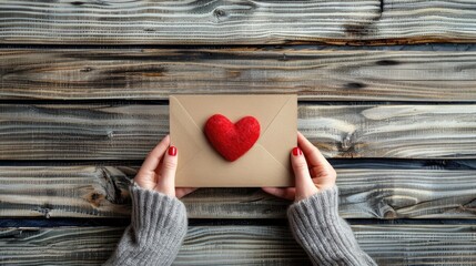 Canvas Print - Hands holding blank card and heart on wooden background