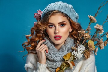 Canvas Print - A woman with long red hair and a blue hat is holding a bouquet of flowers