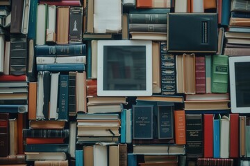 Leinwandbilder - Tablets and e-readers displaying educational materials are surrounded by a collection of traditional books, showcasing the modern world of digital learning. Generative AI
