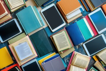 Aufkleber - A tabletop display of modern technology for learning, featuring e-readers and tablets alongside traditional textbooks. Generative AI