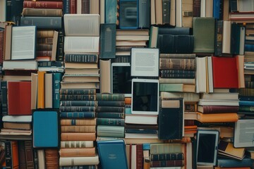 Leinwandbilder - A close-up image of multiple tablets and e-readers displaying educational materials and e-textbooks, showcasing the modern shift towards digital learning. Generative AI