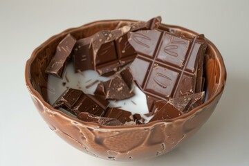 Wall Mural - pieces of dark chocolate are melting in a brown bowl of milk