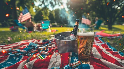 Wall Mural - Fourth of July celebration setup with two beers in an ice bucket, an American flag, and fireworks rockets on a picnic blanket