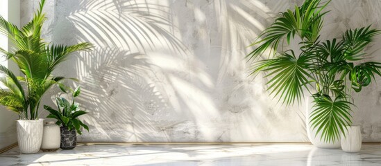 Poster - Tropical Style Wellness Interior with Green Palm Leaves on White Marble Tile Wall