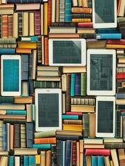 Leinwandbilder - Close-up image of multiple tablets and e-readers displaying educational content, positioned against a background of traditional books. Generative AI