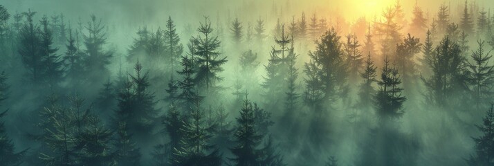 Aufkleber - A mystical forest landscape at dawn, with trees bathed in the soft glow of the rising sun. Generative AI