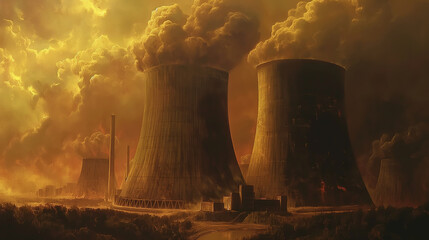 Create images of nuclear power plants, smoke from factories, air pollution.
