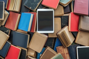 Leinwandbilder - A white tablet rests atop a pile of closed textbooks, signifying the transition from traditional learning to modern, digital education. Generative AI