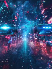 Wall Mural - Two VR headsets are positioned in front of a vibrant, futuristic cityscape, showcasing the immersive experience of virtual reality technology. Generative AI