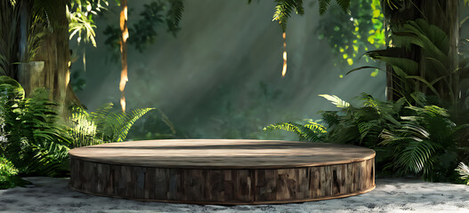  Background podium jungle product platform 3D green wood display pedestal. Background podium jungle tree nature leaf tropical cosmetic summer forest plant garden stage water presentation stone table. 