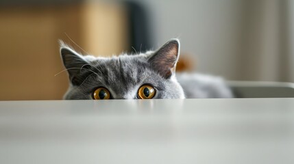 Wall Mural - beautiful funny grey British cat peeking out from behind a white table with copy space.