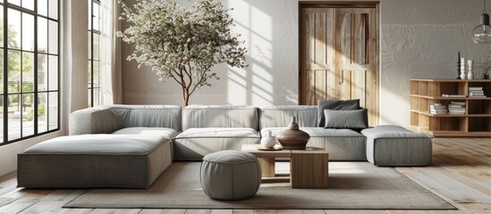 Wall Mural - Light living room interior featuring a gray sofa, coffee table, and large window