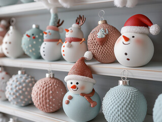 Wall Mural - A lot of Christmas character balls in the form of round ornaments with different textures are arranged on the shelves, happy festival.