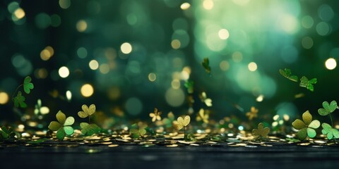 Wall Mural - Shamrock Confetti with a Green Background and Bokeh