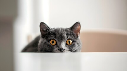 Wall Mural - beautiful funny grey British cat peeking out from behind a white table with copy space.