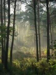 Aufkleber - A serene forest landscape at dawn, with sunbeams illuminating the trees through a light mist. Generative AI