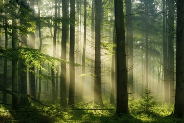Aufkleber - A mesmerizing sunrise casts ethereal light through the trees of a dense forest, creating a tranquil scene ideal for nature conservation projects. Generative AI