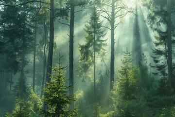 Aufkleber - A serene forest landscape bathed in the soft glow of dawn. Sunbeams pierce through the mist, illuminating the towering trees and creating a magical atmosphere. Generative AI