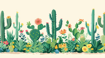 Wall Mural - Cute doodle of a cactus garden with a stylish message of growth, featuring green foliage and floral elements