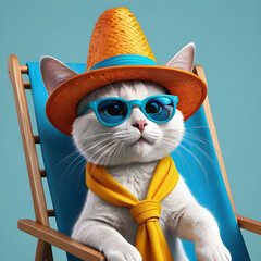 The stylized cartoon funny cat is absolutely adorable with its sun hat and clear glasses, giving off a playful and charming vibe. Its wide-open gaze is captivating and draws you in, making you want to