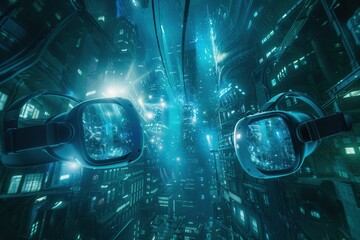 Poster - An exciting image demonstrates the possibilities of VR and AR technology with headsets and glasses in a vibrant cityscape. Generative AI