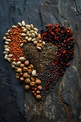 Poster - Artfully Arranged Heart of Nuts,Seeds,and Legumes on Natural Stone Backdrop