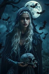 Wall Mural - Captivating Vampire Woman Holding Human Skull Amid Swarm of Bats Under Glowing Full Moon