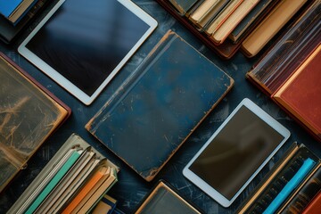 Leinwandbilder - Modern tablets and classic books lay on a dark surface, showcasing the blending of traditional and digital learning. Generative AI