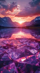 Wall Mural - Mesmerizing Geometric Shapes Reflected in Serene Sunset Lake with Vibrant Color Hues