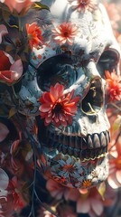 Wall Mural - Romantic Skull with Vibrant Floral Accents in Cinematic Lighting and Detail