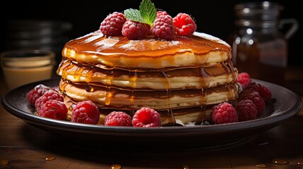 Wall Mural - Close-Up of pile of pancakes with melted sweet syrup and fruit toppings with a blurred background