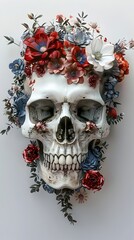 Wall Mural - Whimsical Skull with Floral Headdress in Cinematic Lighting and Saturated Contrast