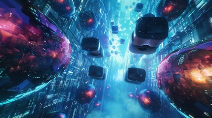 Poster - A futuristic scene depicting VR headsets and AR glasses floating through a vibrant digital world. This image represents the immersive potential of VR and AR technologies. Generative AI