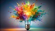© DigitalArt Max - Vibrant colorful paint splatters burst from exploding light bulb, symbolizing innovative idea generation and creative brainstorming on bright background.