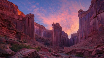 Wall Mural - A remote canyon with towering red rock formations, illuminated by the soft light of dawn.