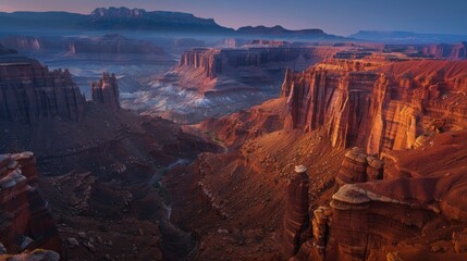 Wall Mural - A remote canyon with towering red rock formations, illuminated by the soft light of dawn.