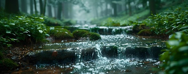 Wall Mural - Lush Rainy Forest with Flowing Creek and Vibrant Greenery in Tranquil Scenic Landscape