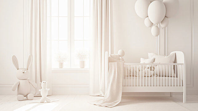 White nursery room with a crib, a bunny, and balloons, with copy space text for baby, nursery, and minimalist