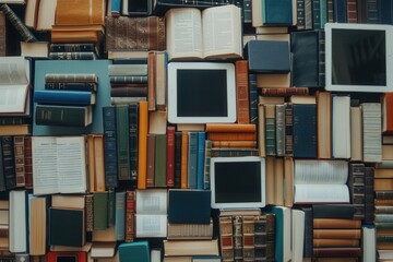 Aufkleber - A flat lay image showcasing the juxtaposition of traditional books with modern digital learning devices, such as tablets and e-readers. Generative AI