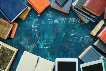 Leinwandbilder - An image showcasing the evolution of learning, with traditional books surrounding modern digital tablets and e-readers. Generative AI