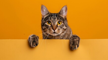 Portrait of a cat Scottish Straight with a banner in paws on a orange background.