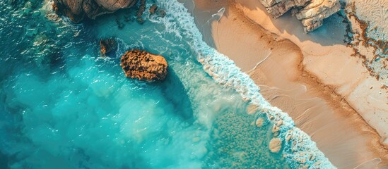 Wall Mural - Stunning aerial view of a beautiful beach with turquoise water from a drone, perfect for adding text.