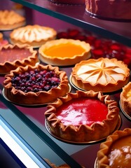 Wall Mural - Variety of pies in a display window for sale; delicious, tasty gourmet pastries close up with selective focus